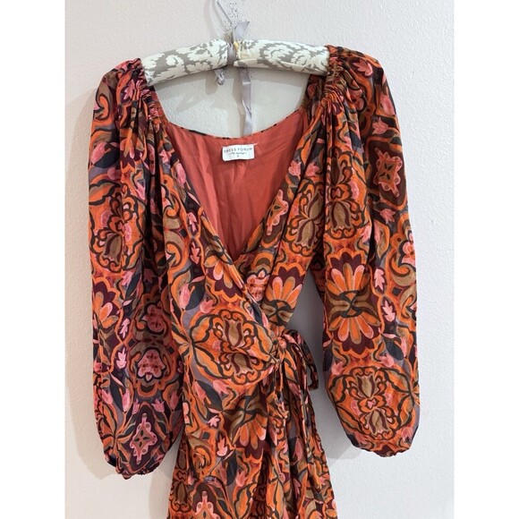 Dress Forum LA Wrap Dress Orange Pink Floral Paisley Long Balloon Sleeves Small - Picture 2 of 6
